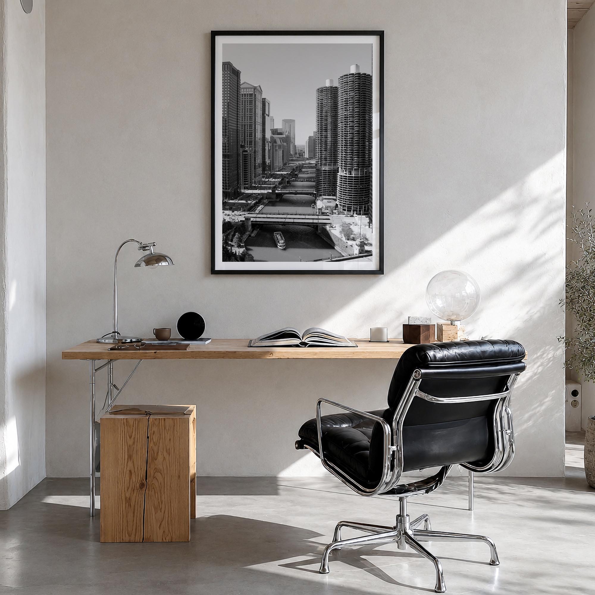 Chicago no. 3 black & white photo poster of Illinois, USA – vertical wall art in black wood frame with white border, hanging 