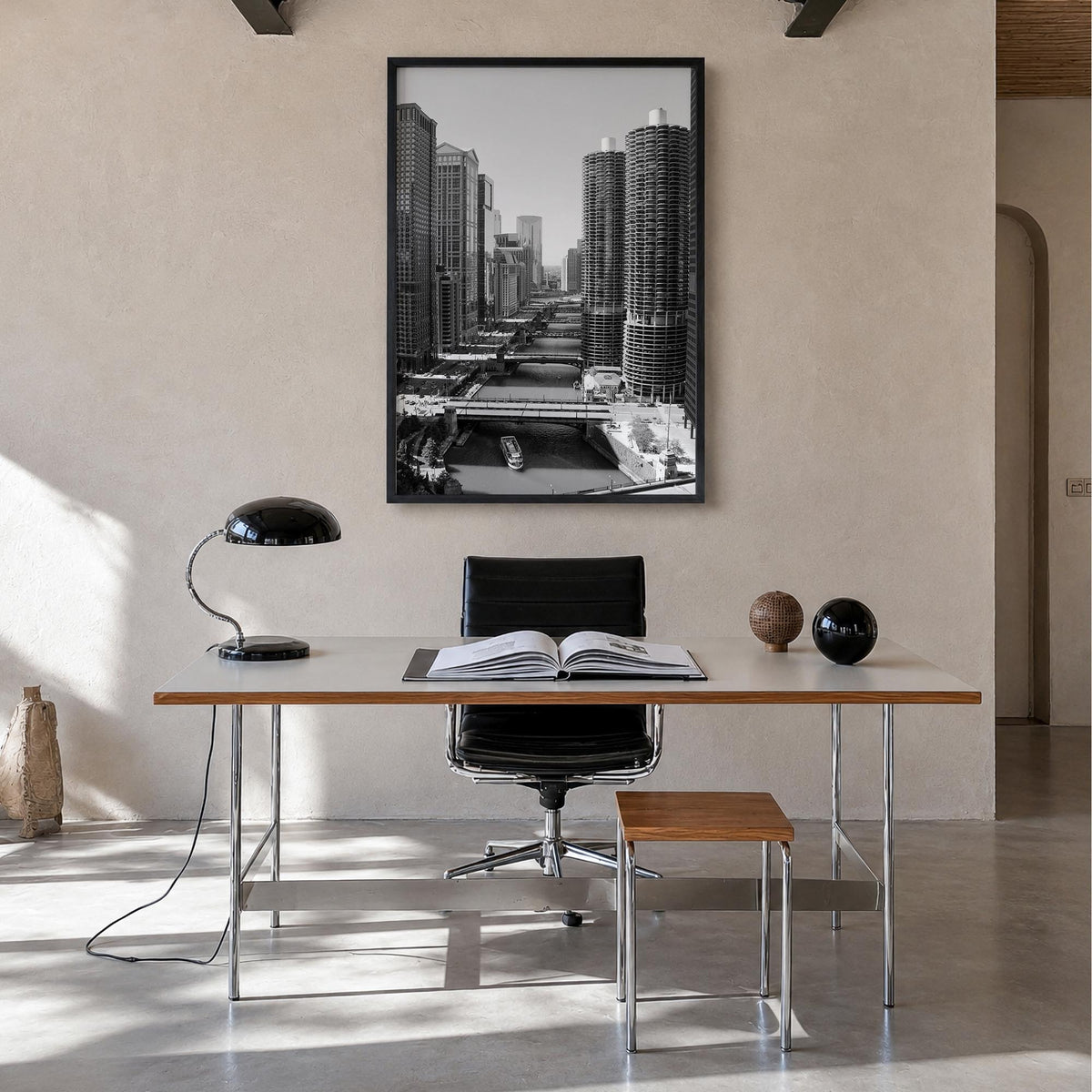 Chicago no. 3 black & white photo poster of Illinois, USA – vertical wall art in black wood frame, hanging on wall