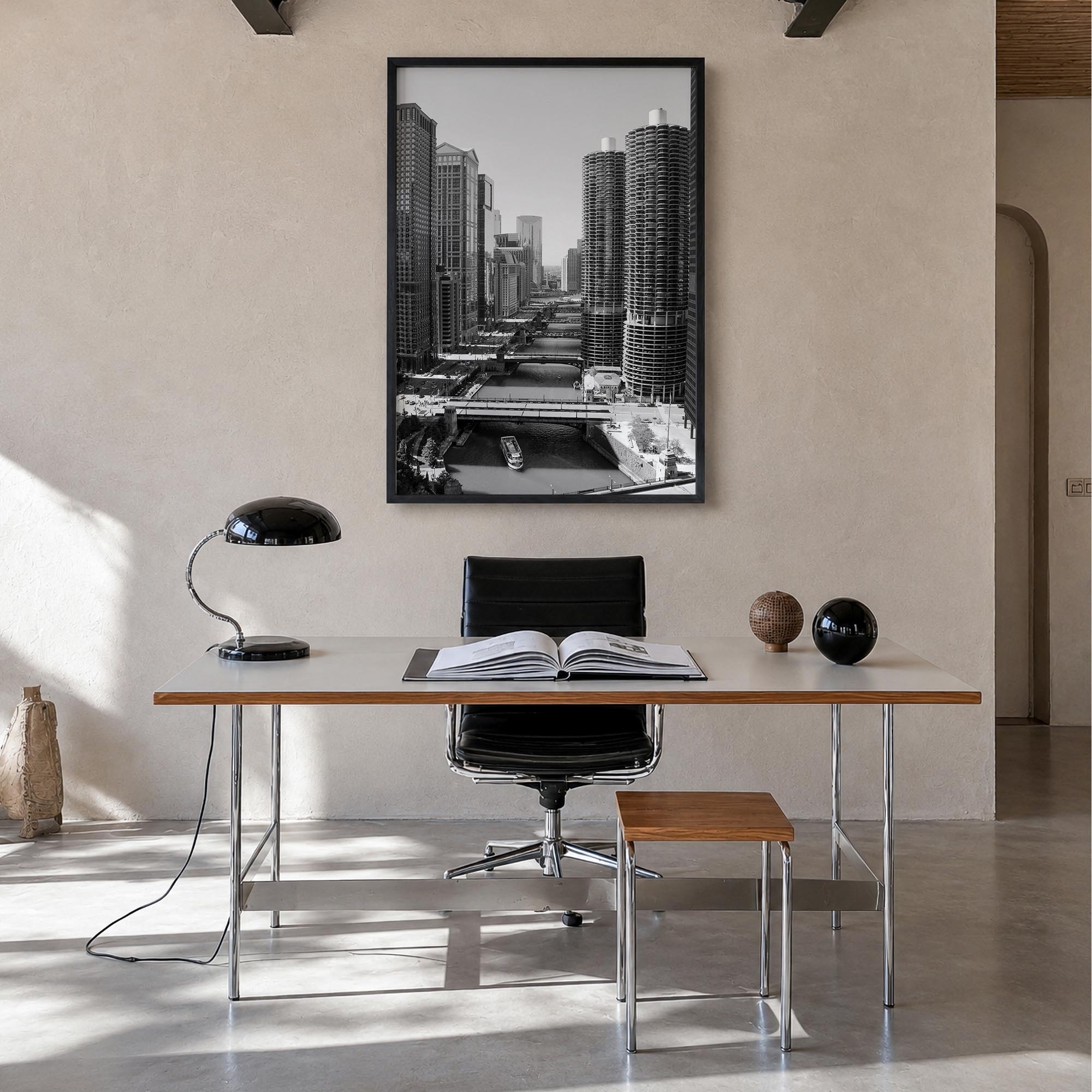 Chicago no. 3 black & white photo poster of Illinois, USA – vertical wall art in black wood frame, hanging on wall