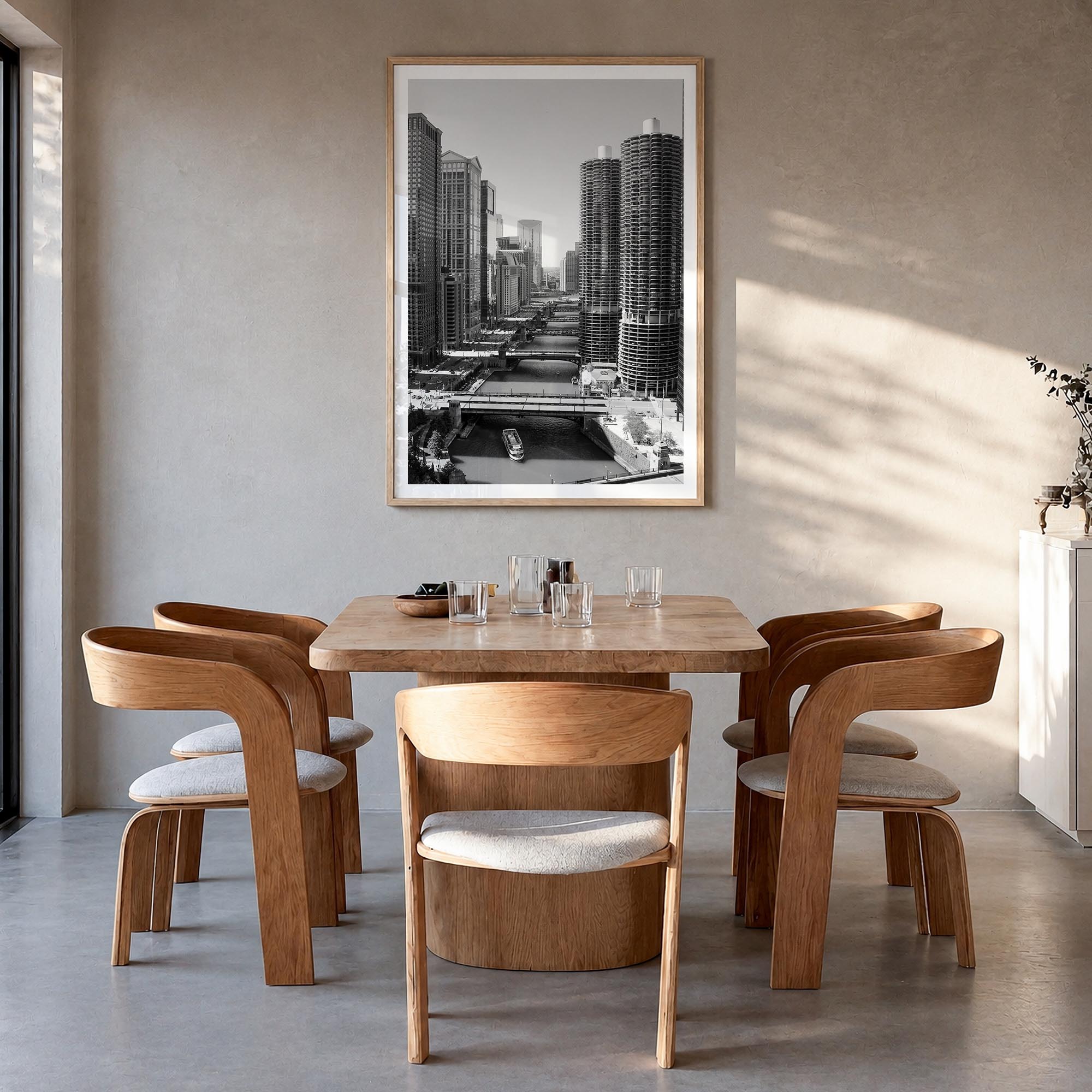 Chicago no. 3 black & white photo poster of Illinois, USA – vertical wall art in natural wood frame with white border, hangin