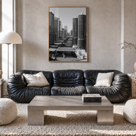 Chicago no. 3 black & white photo poster of Illinois, USA – vertical wall art in natural wood frame, hanging on wall