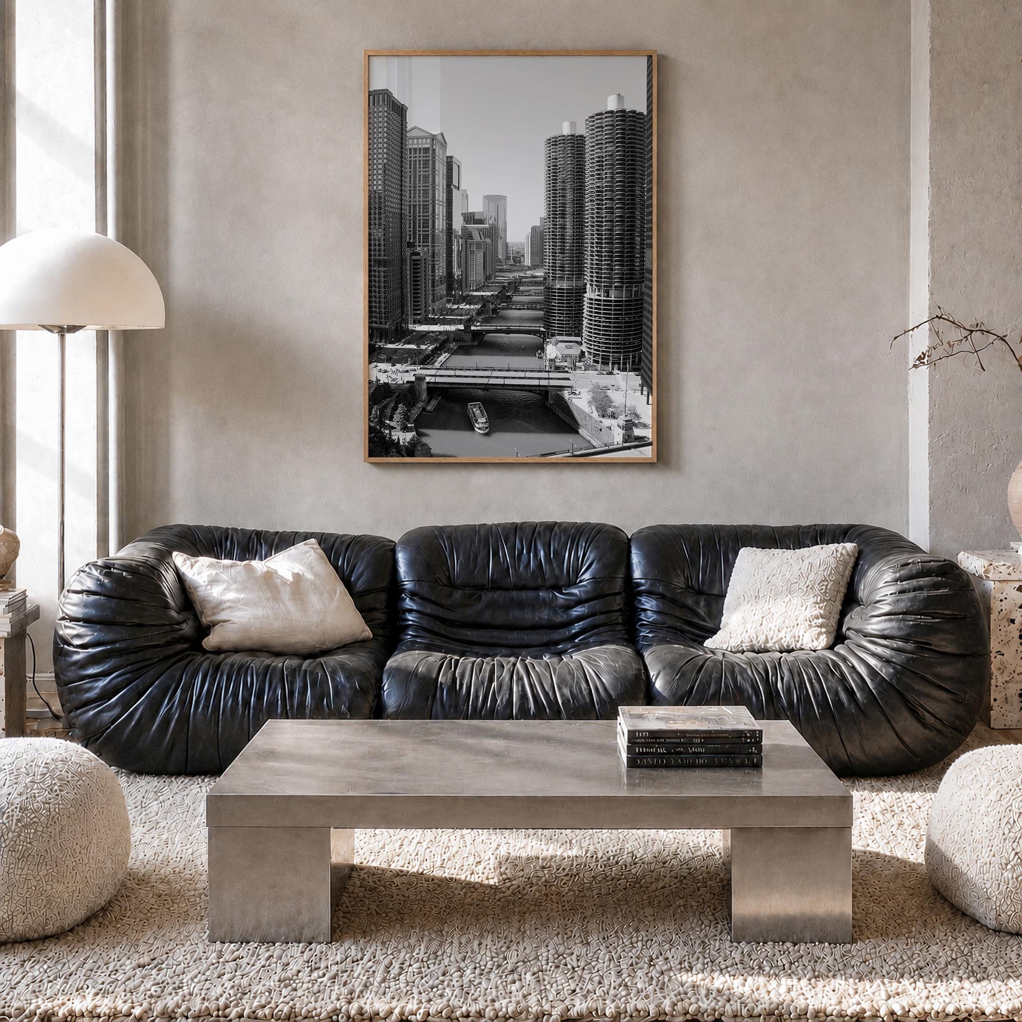 Chicago no. 3 black & white photo poster of Illinois, USA – vertical wall art in natural wood frame, hanging on wall