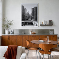 Chicago no. 3 black & white photo poster of Illinois, USA – vertical wall art in white wood frame, hanging on wall