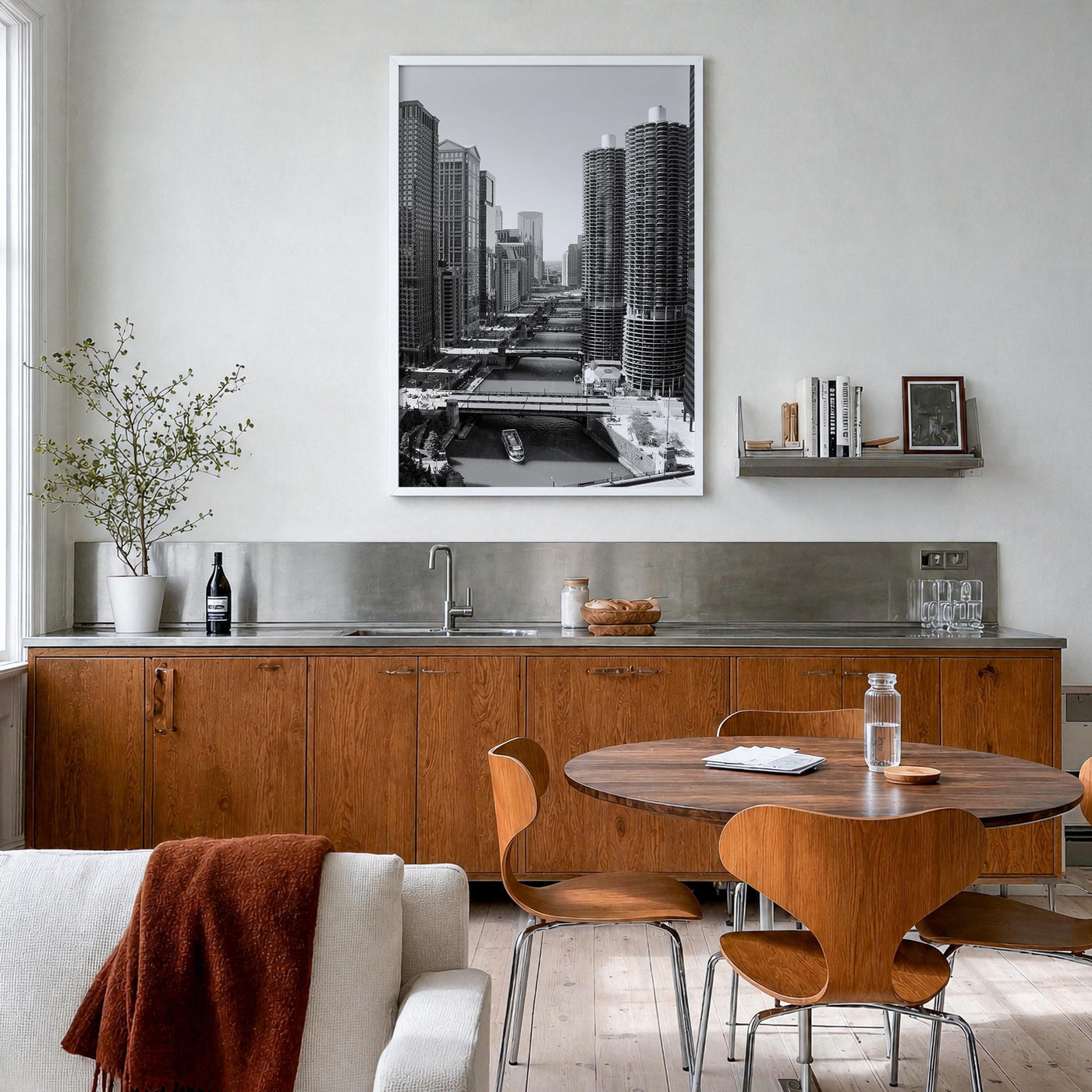 Chicago no. 3 black & white photo poster of Illinois, USA – vertical wall art in white wood frame, hanging on wall