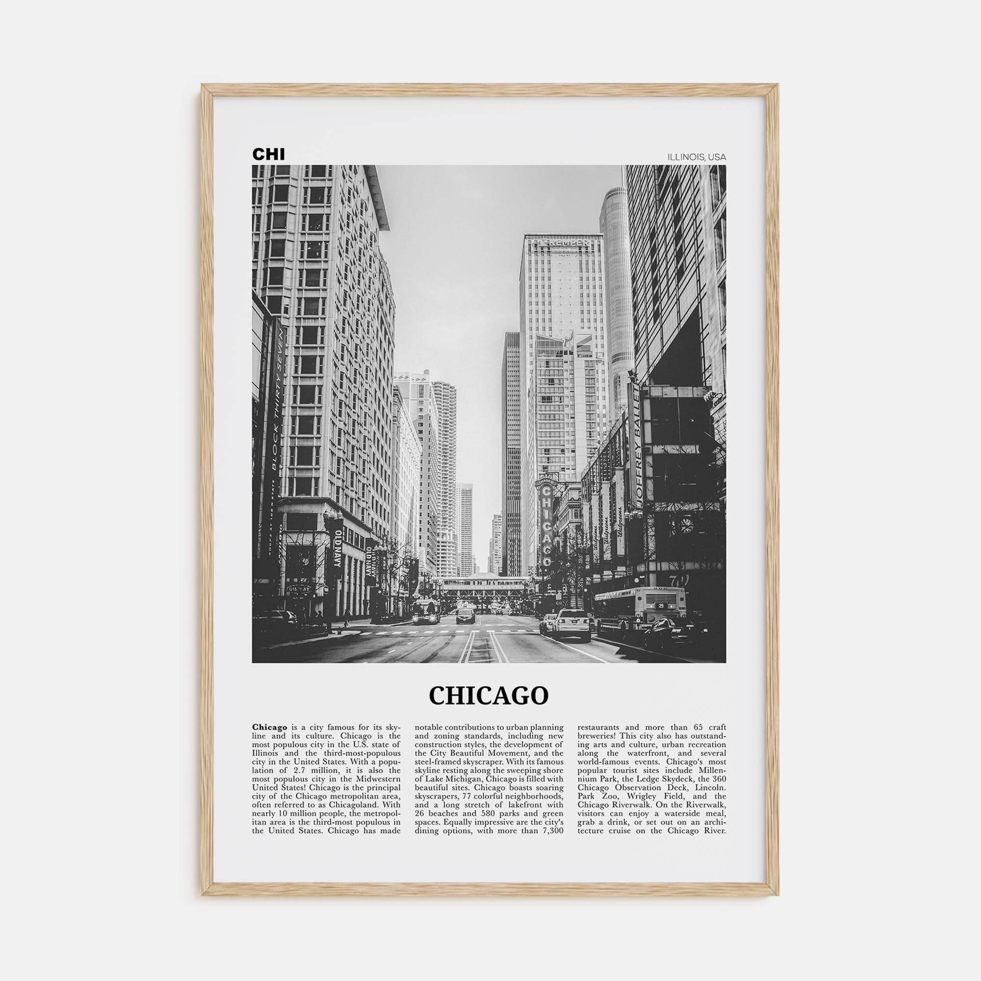 Chicago No 3 Poster Natural Wood / 8x12 in Nbourhood Travel B&W Poster