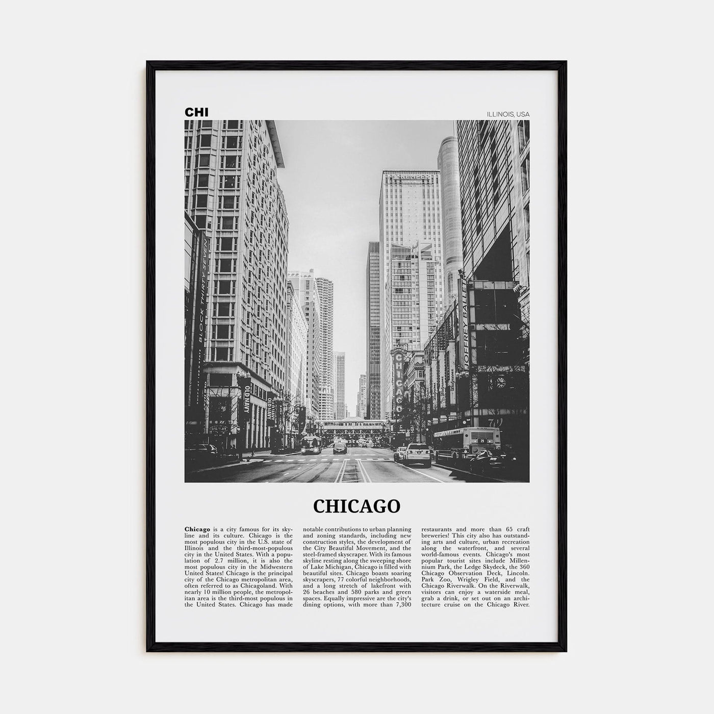 Chicago No 3 Poster Black Wood / 8x12 in Nbourhood Travel B&W Poster