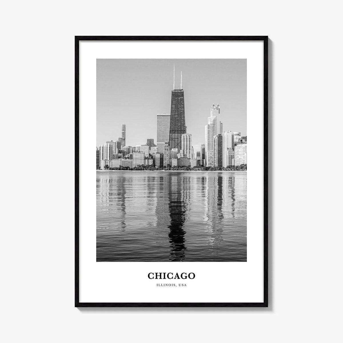 Chicago no. 4 black & white classic poster of Illinois, USA – vertical wall art, unframed print shown in interior mockup