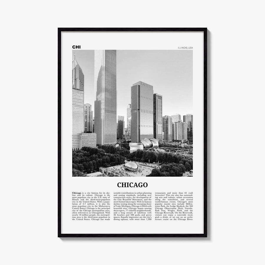 Chicago no. 4 black & white newspaper poster of Illinois, USA – vertical wall art, unframed print shown in interior mockup