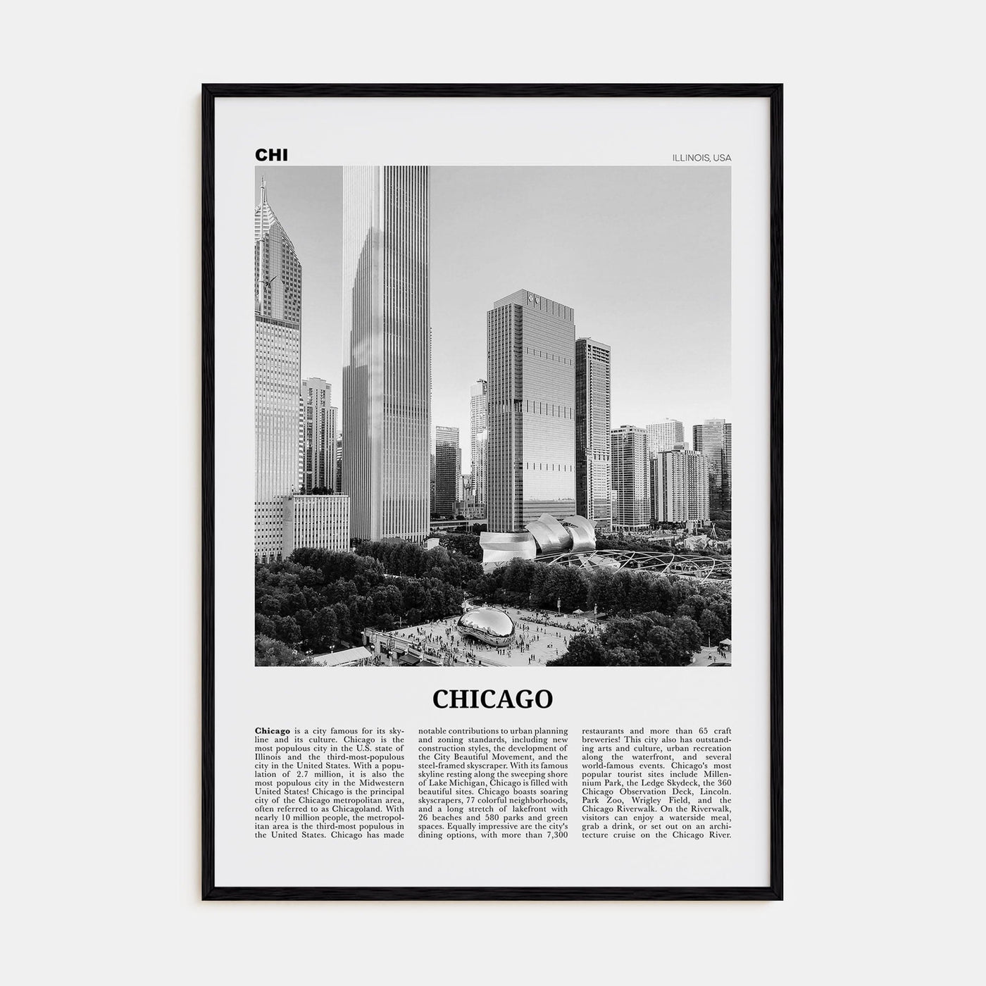 Chicago No 4 Poster Black Wood / 8x12 in Nbourhood Travel B&W Poster