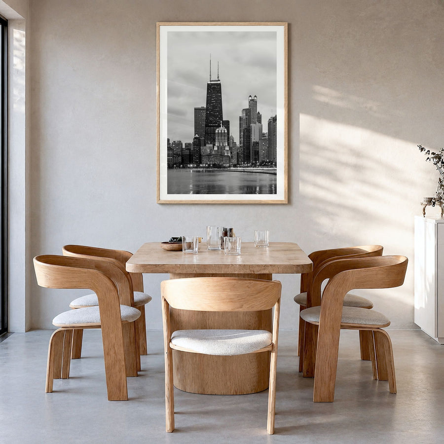 Chicago Photo No 2 Poster in a natural wood frame, hanging in a dining room, white border