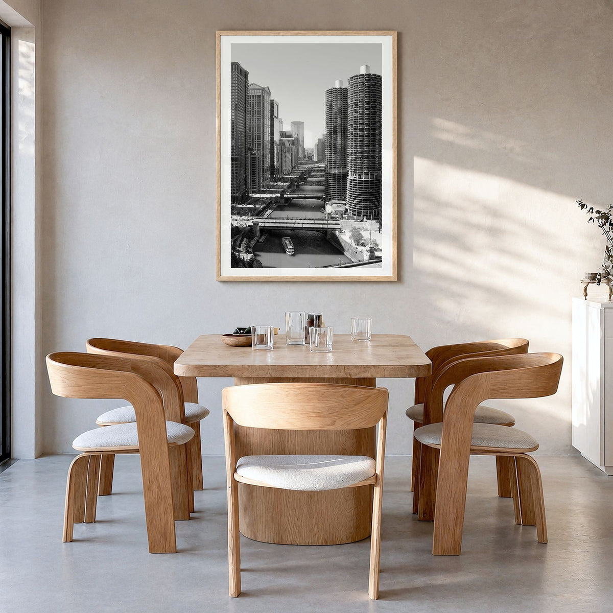 Chicago Photo No 3 Poster in a natural wood frame, hanging in a dining room, white border