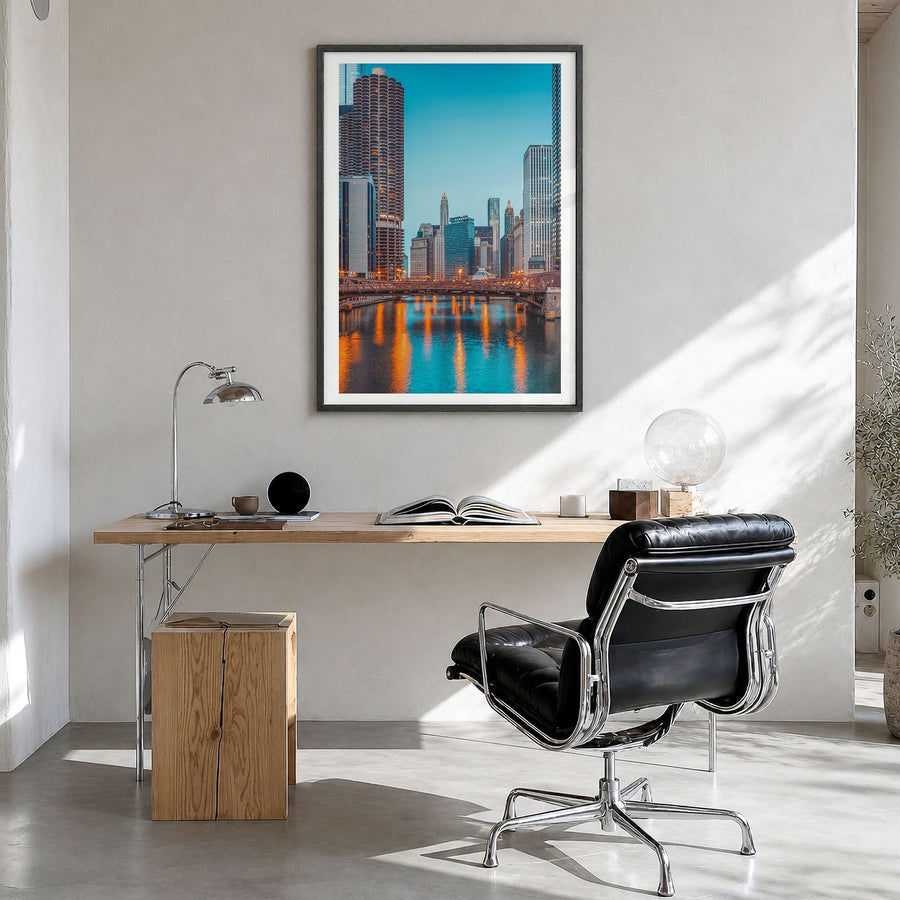 Chicago Photo No 2 Poster in a black wood frame, hanging in a bright home office, white border