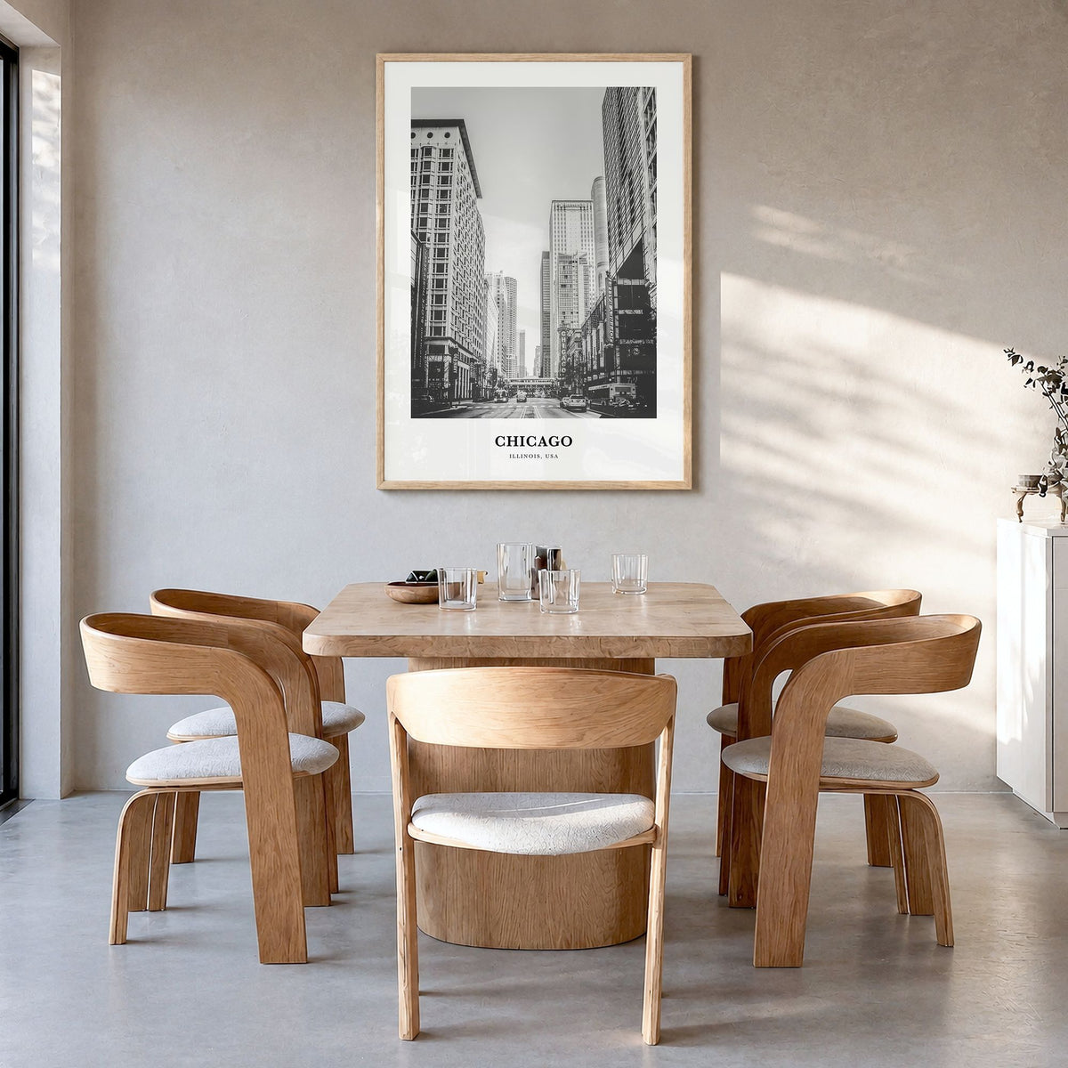 Chicago Classic No 1 Poster in a natural wood frame, hanging in a dining room