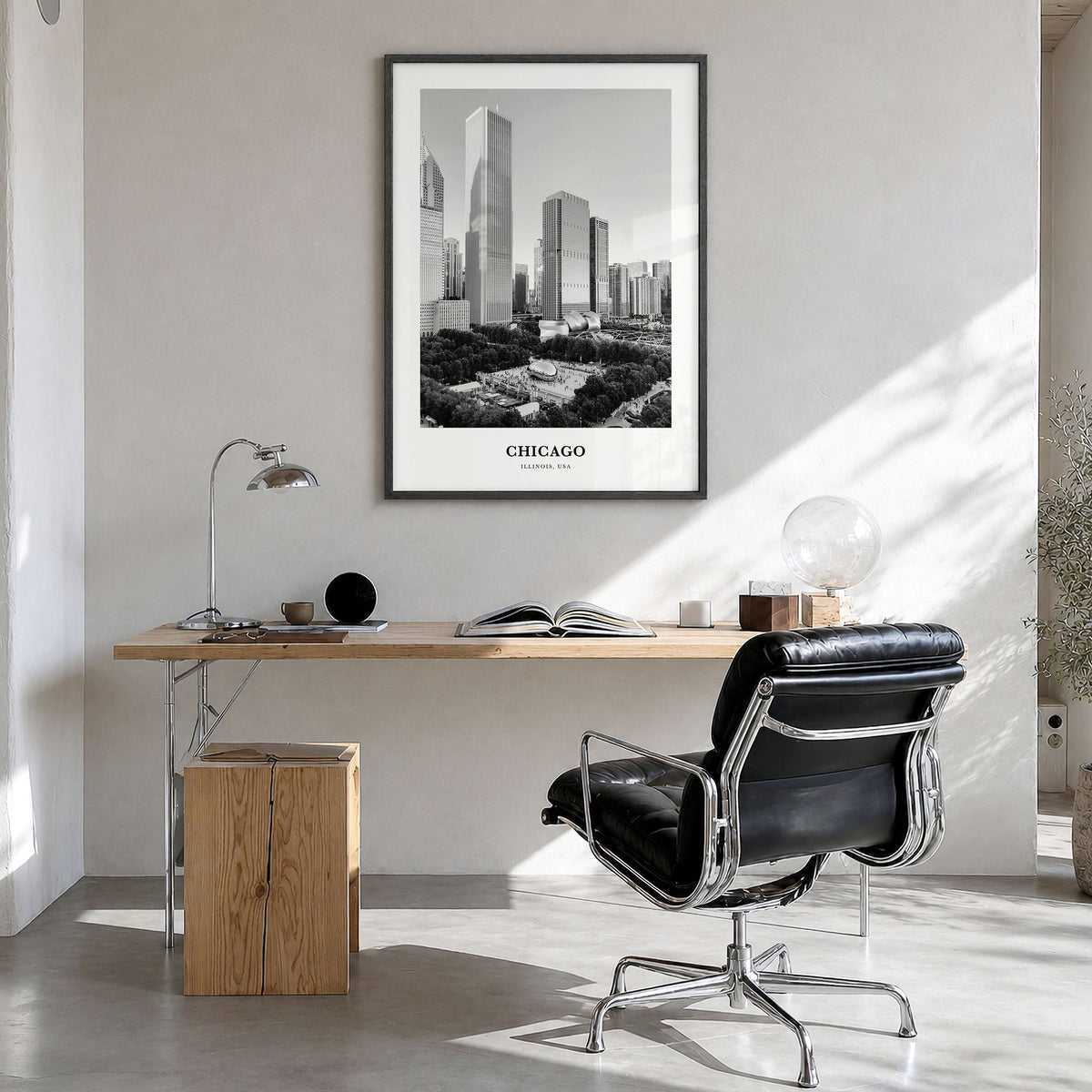 Chicago Classic No 2 Poster in a black wood frame, hanging in a bright home office