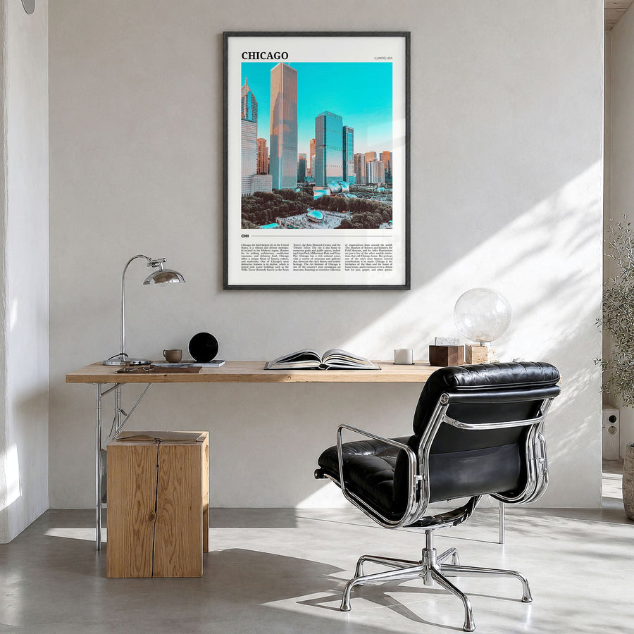 Chicago Travel No 1 Poster in a black wood frame, hanging in a bright home office