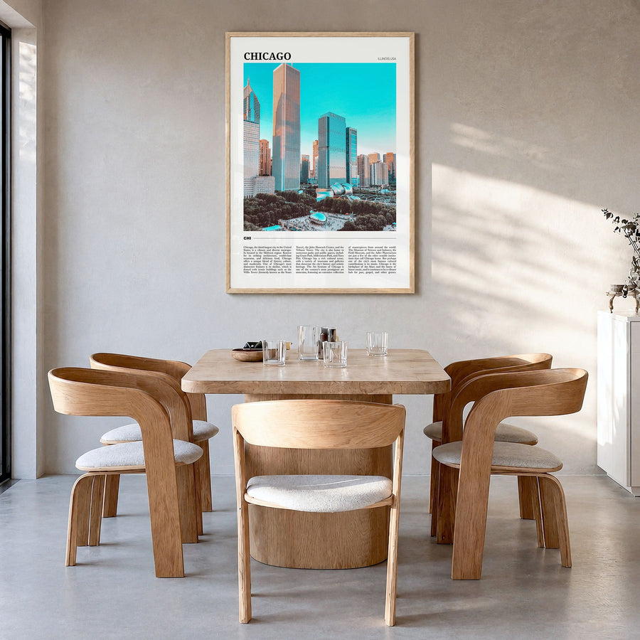 Chicago Travel No 1 Poster in a natural wood frame, hanging in a dining room