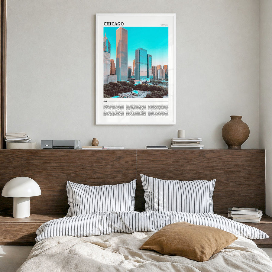 Chicago Travel No 1 Poster in a white wood frame, hanging in a bedroom
