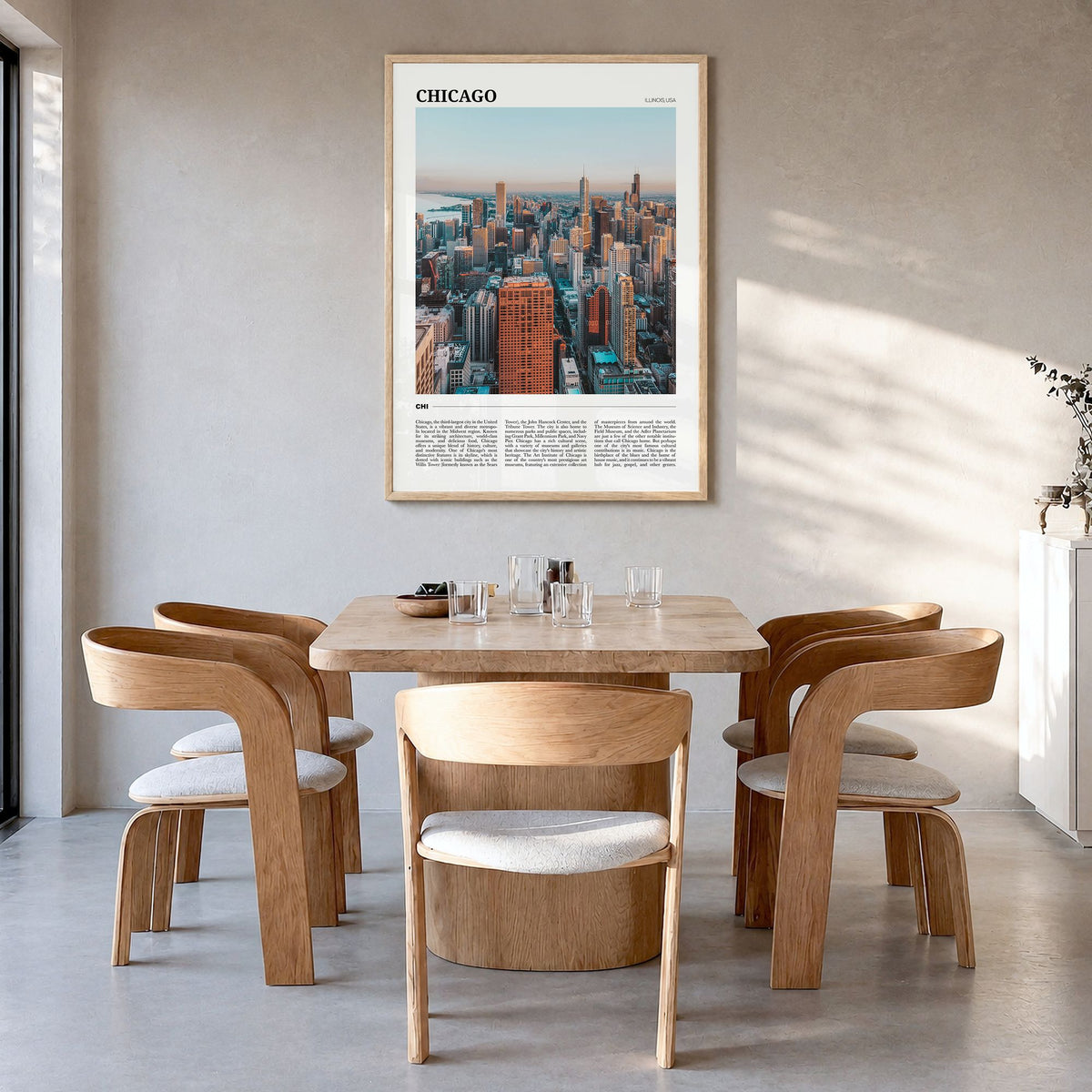 Chicago Travel No 2 Poster in a natural wood frame, hanging in a dining room