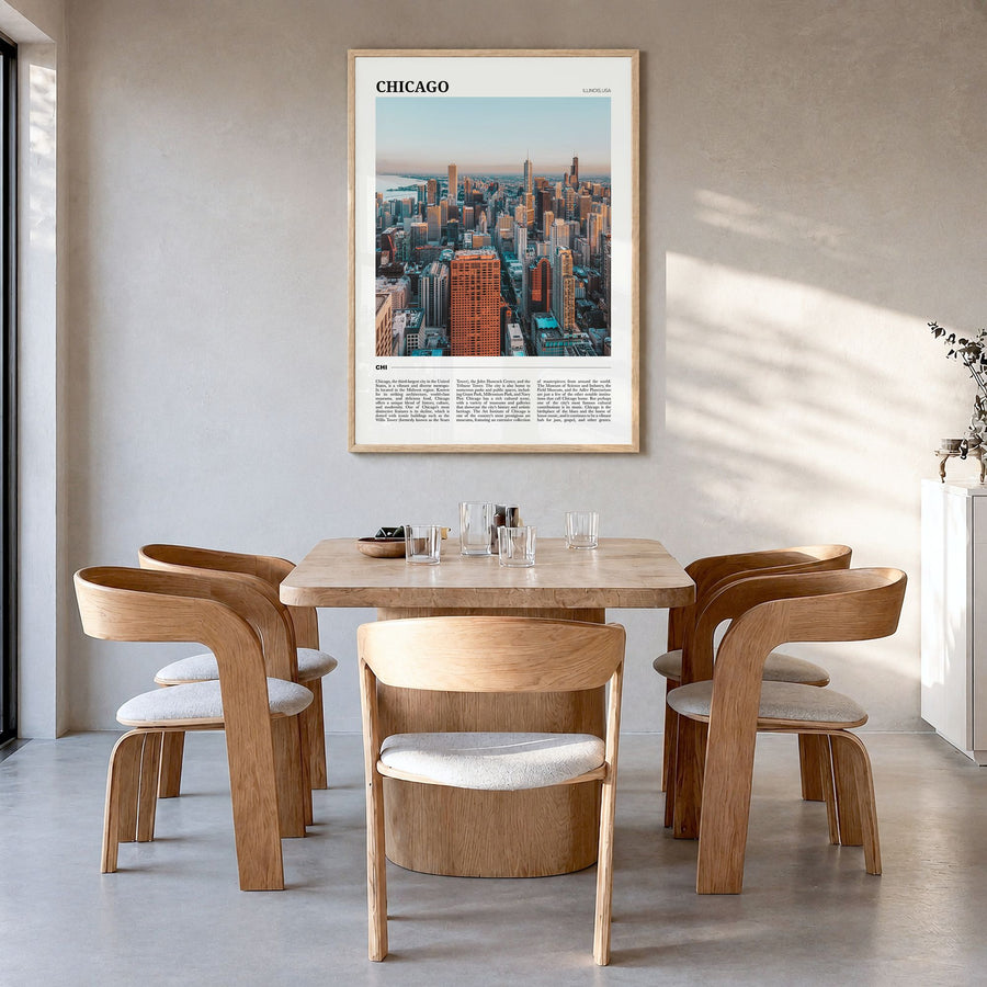 Chicago Travel No 2 Poster in a natural wood frame, hanging in a dining room
