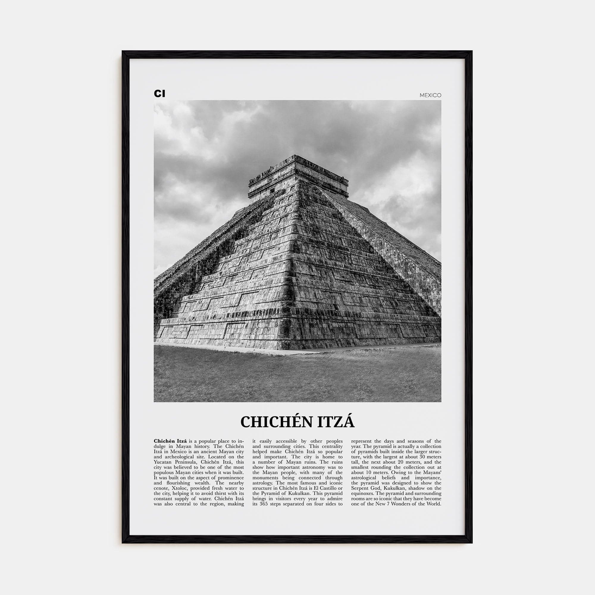 Chichén Itzá Poster Black Wood / 8x12 in Nbourhood Travel B&W Poster