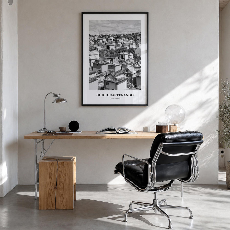 Chichicastenango black & white classic poster of Guatemala – vertical wall art in black wood frame, hanging on wall