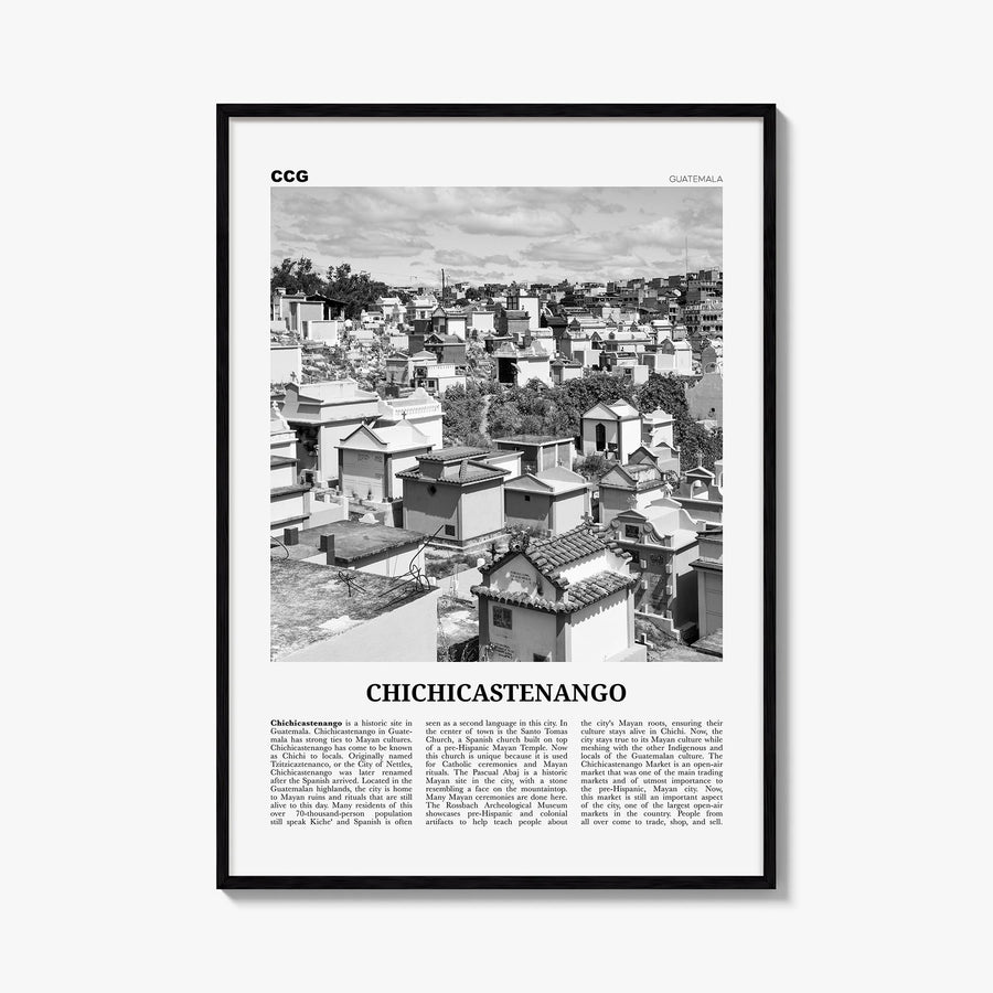 Chichicastenango black & white newspaper poster of Guatemala – vertical wall art, unframed print shown in interior mockup