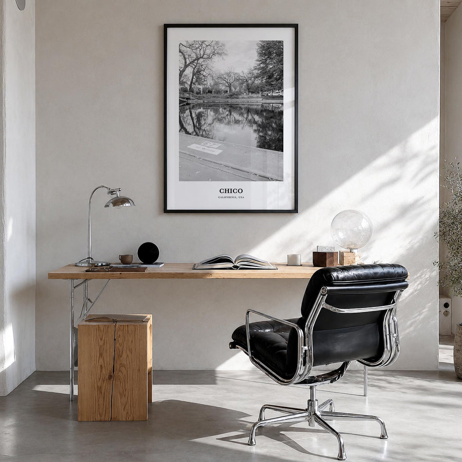 Chico black & white classic poster of California, USA – vertical wall art in black wood frame, hanging on wall
