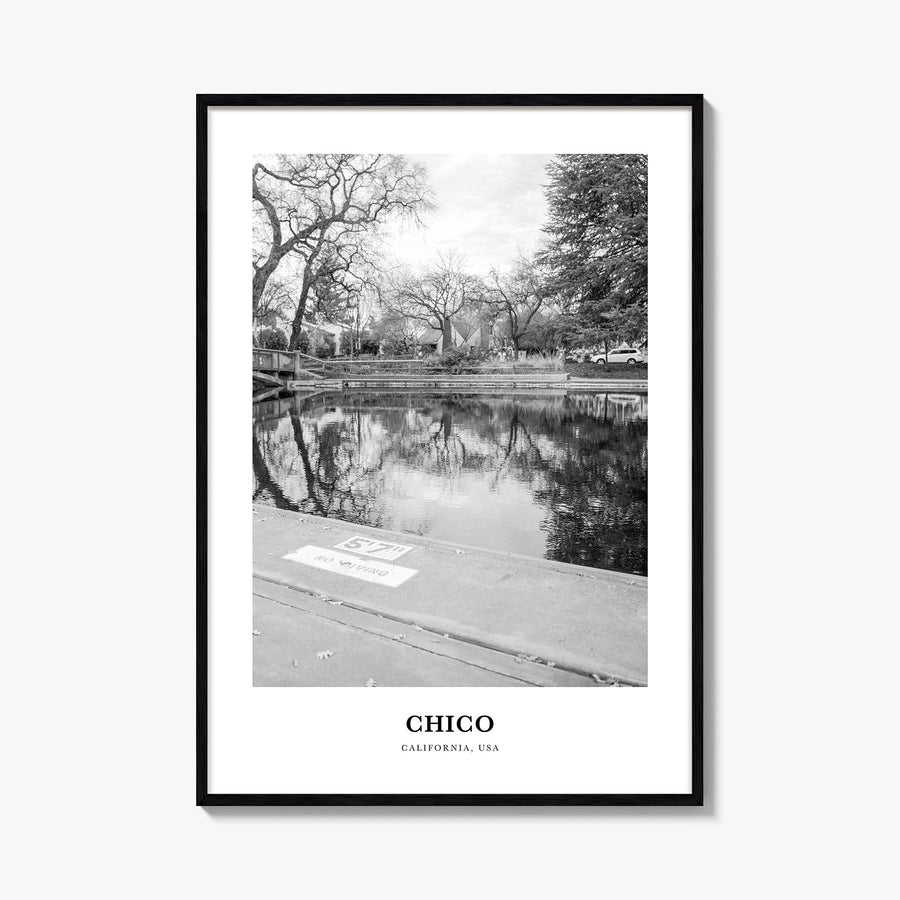 Chico black & white classic poster of California, USA – vertical wall art, unframed print shown in interior mockup