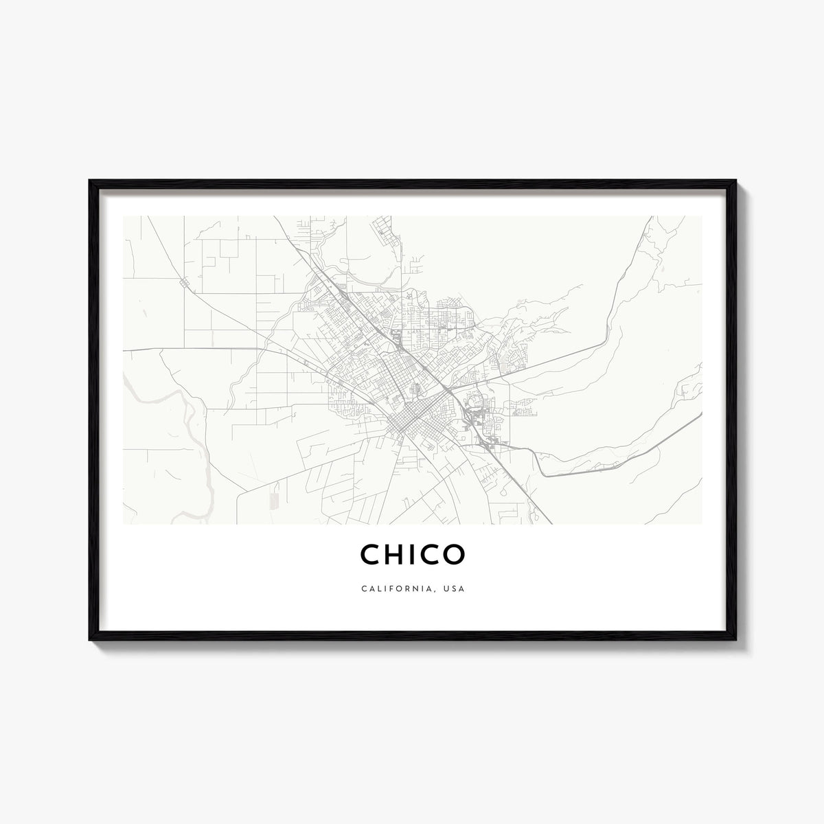 Chico black & white map poster of California, USA – horizontal wall art, unframed print shown in interior mockup