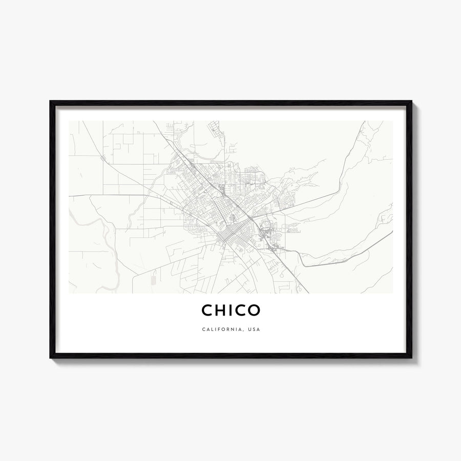 Chico black & white map poster of California, USA – horizontal wall art, unframed print shown in interior mockup