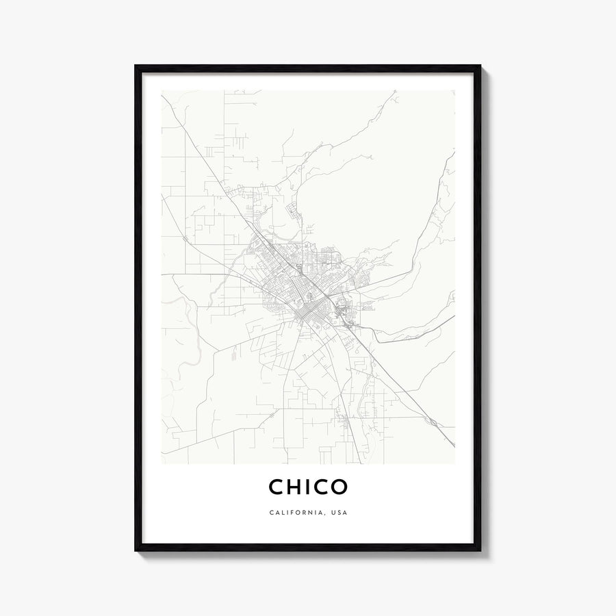 Chico black & white map poster of California, USA – vertical wall art, unframed print shown in interior mockup