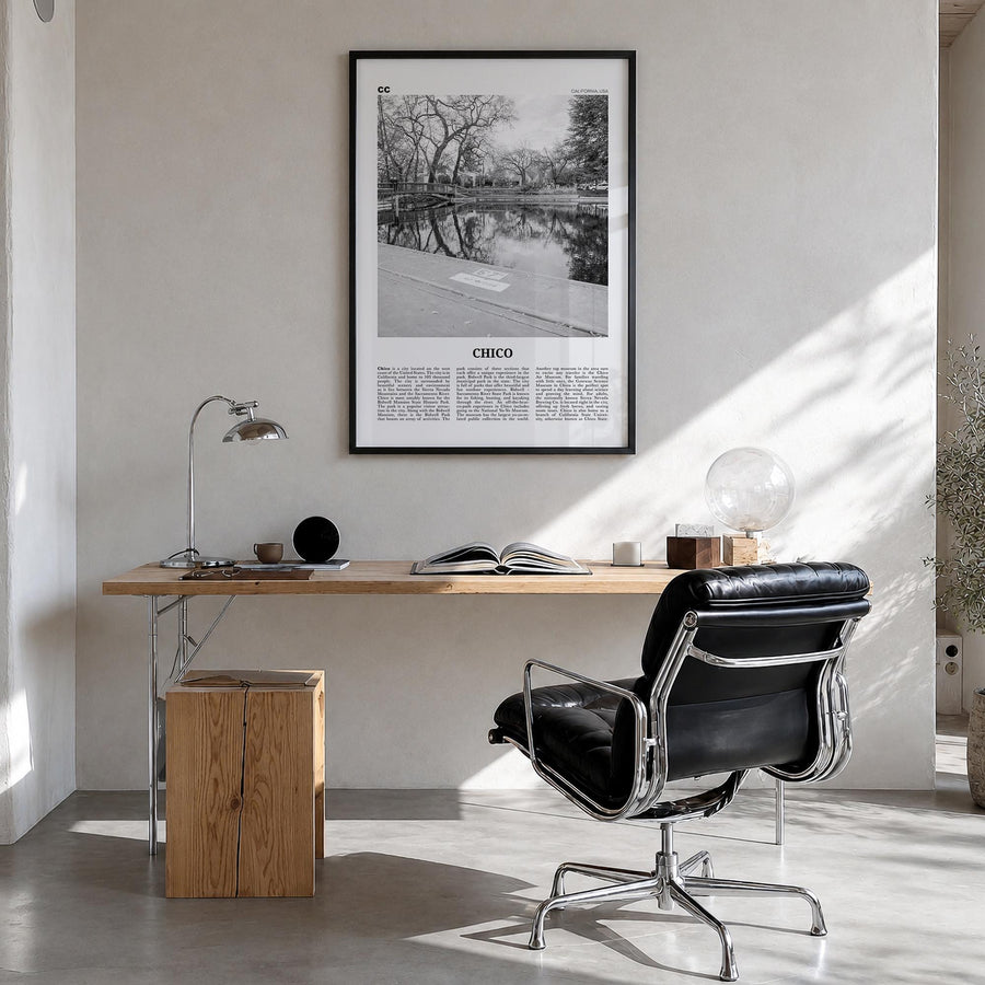 Chico black & white newspaper poster of California, USA – vertical wall art in black wood frame, hanging on wall
