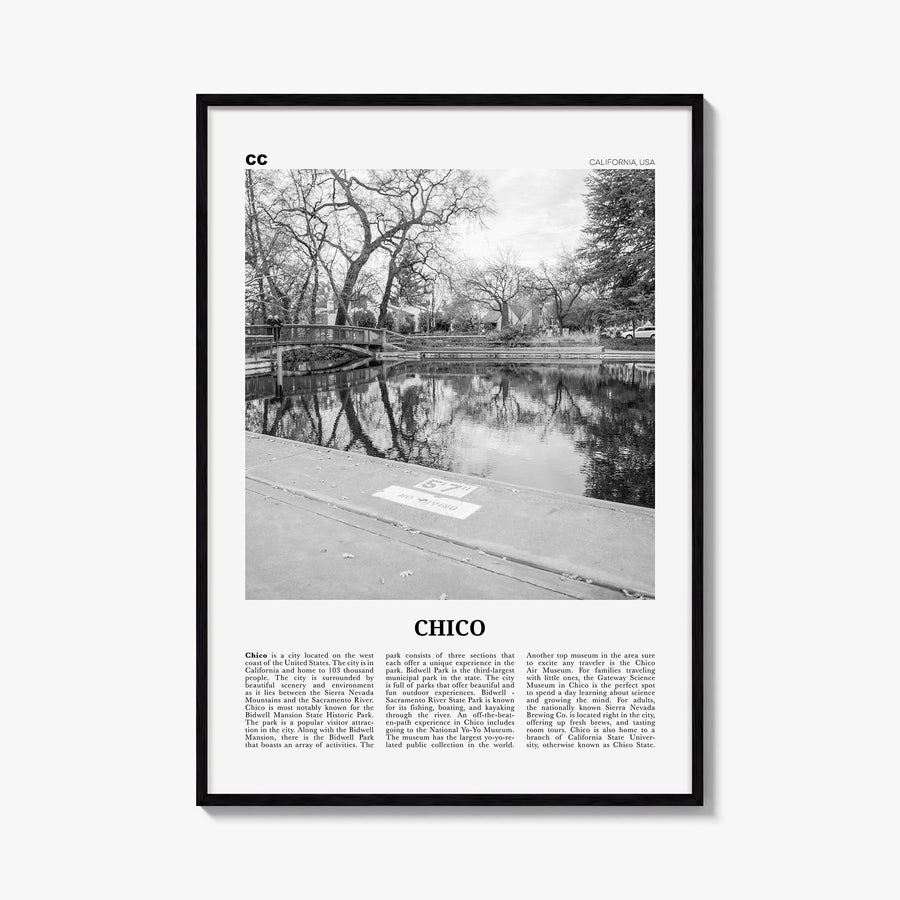 Chico black & white newspaper poster of California, USA – vertical wall art, unframed print shown in interior mockup