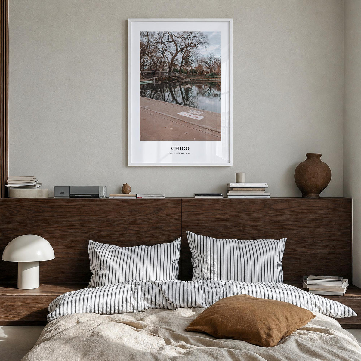 Chico colorful classic poster of California, USA – vertical wall art in white wood frame, hanging on wall