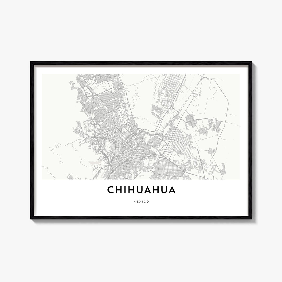 Chihuahua black & white map poster of Mexico – horizontal wall art, unframed print shown in interior mockup