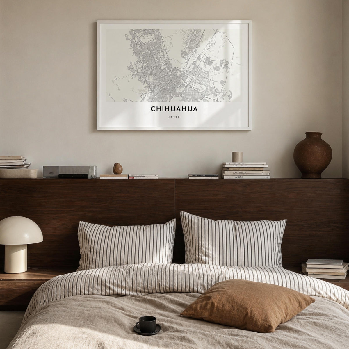 Chihuahua black & white map poster of Mexico – horizontal wall art in white wood frame, hanging on wall