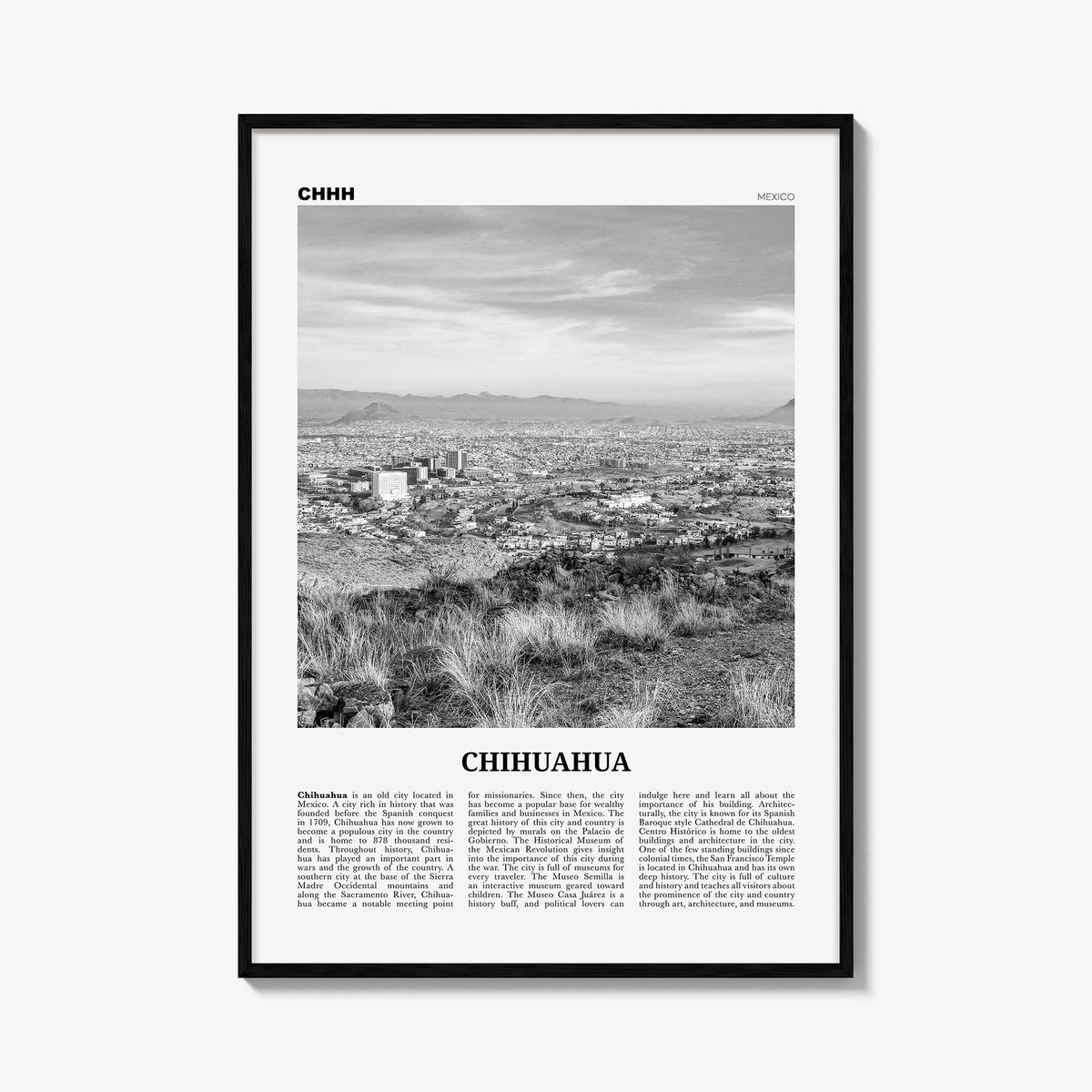 Chihuahua black & white newspaper poster of Mexico – vertical wall art, unframed print shown in interior mockup