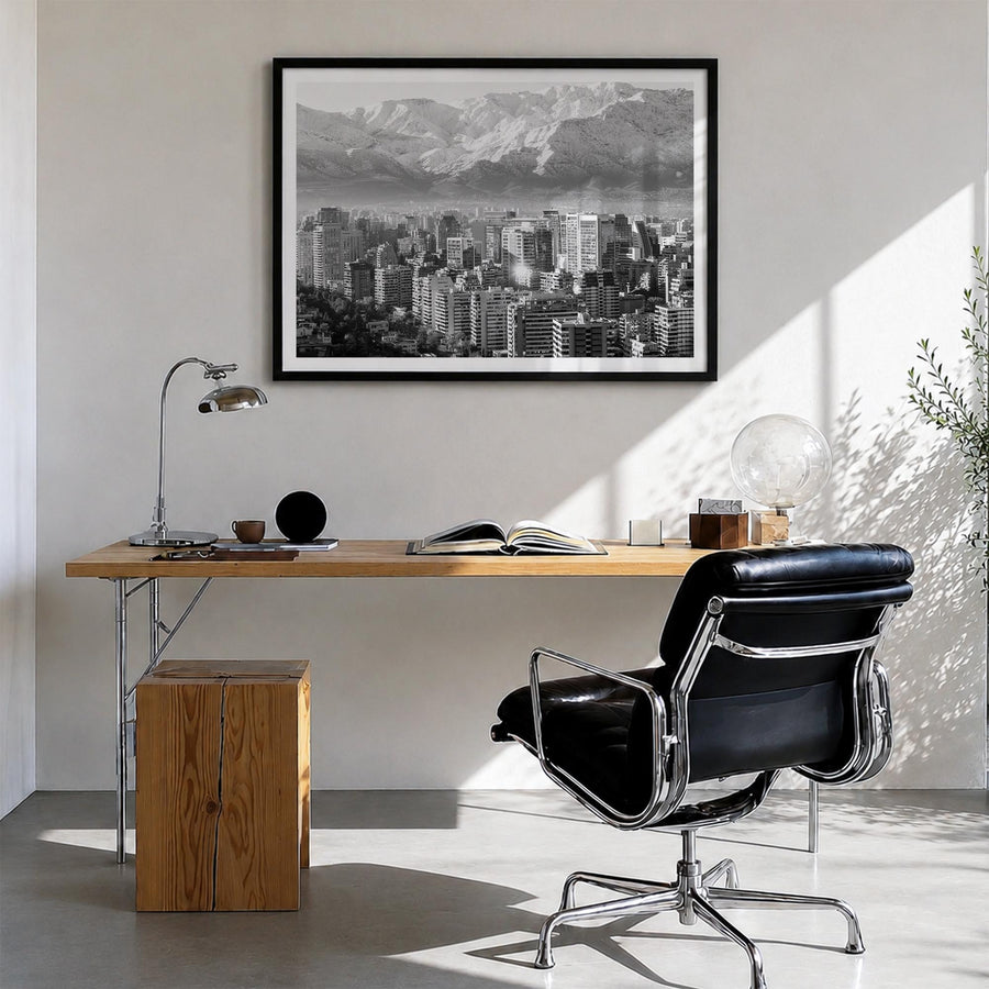 Chile black & white photo poster of South America – horizontal wall art in black wood frame with white border, hanging on wal