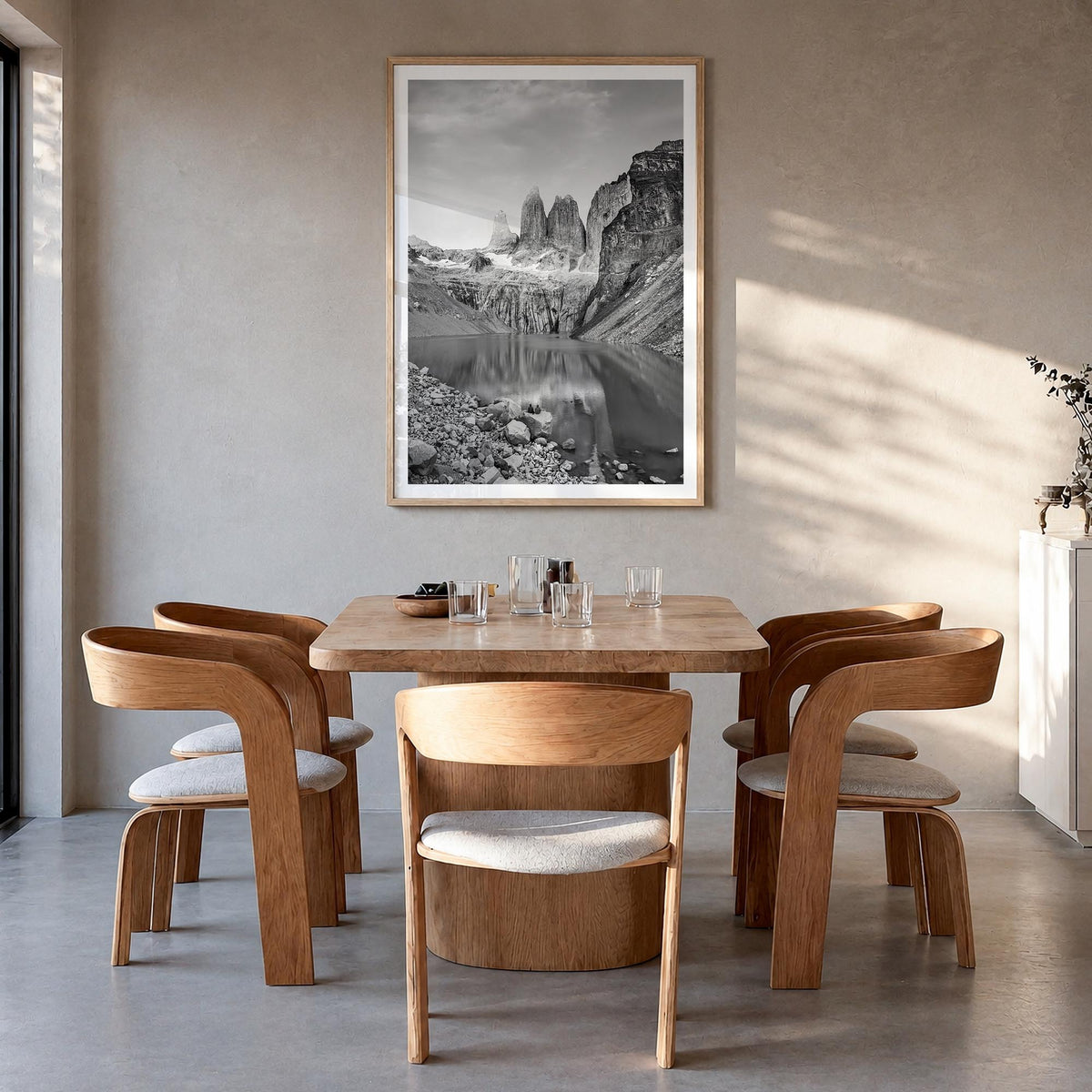 Chile black & white photo poster of South America – vertical wall art in natural wood frame with white border, hanging on wal
