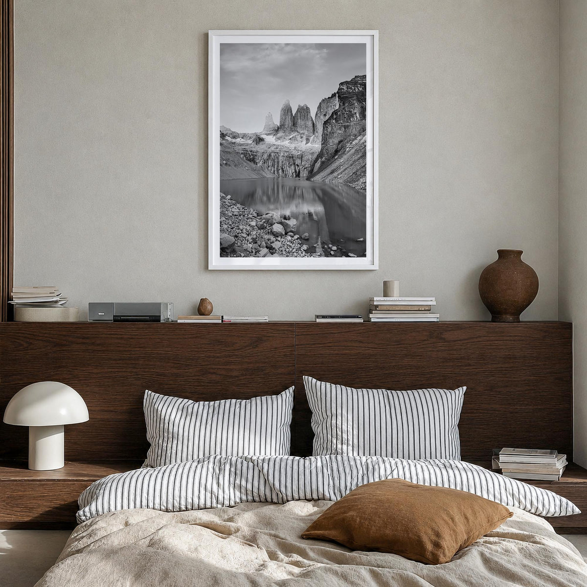 Chile black & white photo poster of South America – vertical wall art in white wood frame with white border, hanging on wall