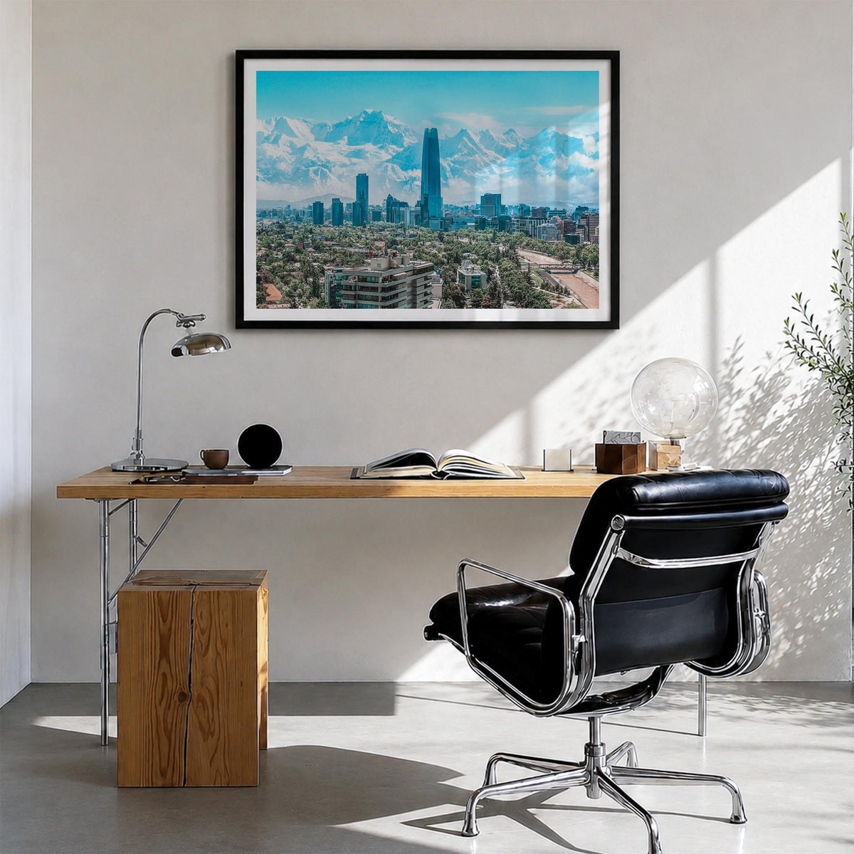Chile colorful photo poster of South America – horizontal wall art in black wood frame with white border, hanging on wall