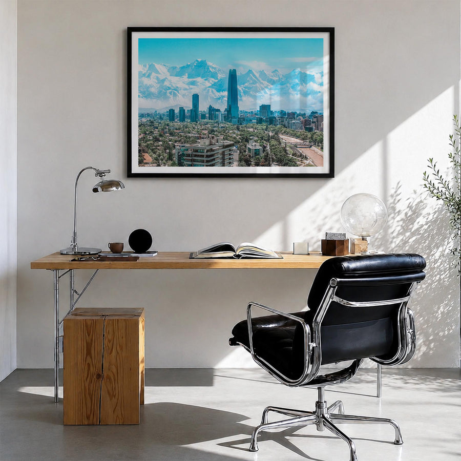 Chile colorful photo poster of South America – horizontal wall art in black wood frame with white border, hanging on wall