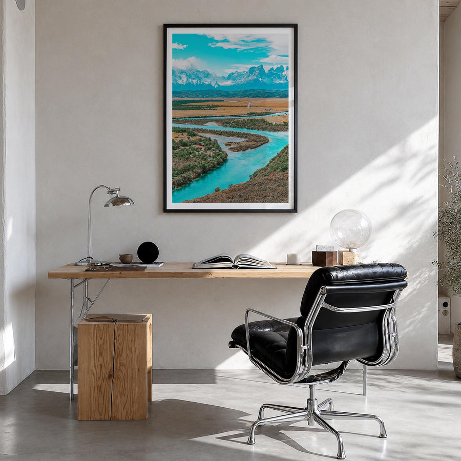 Chile colorful photo poster of South America – vertical wall art in black wood frame with white border, hanging on wall