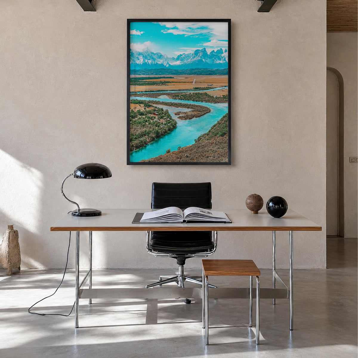 Chile colorful photo poster of South America – vertical wall art in black wood frame, hanging on wall