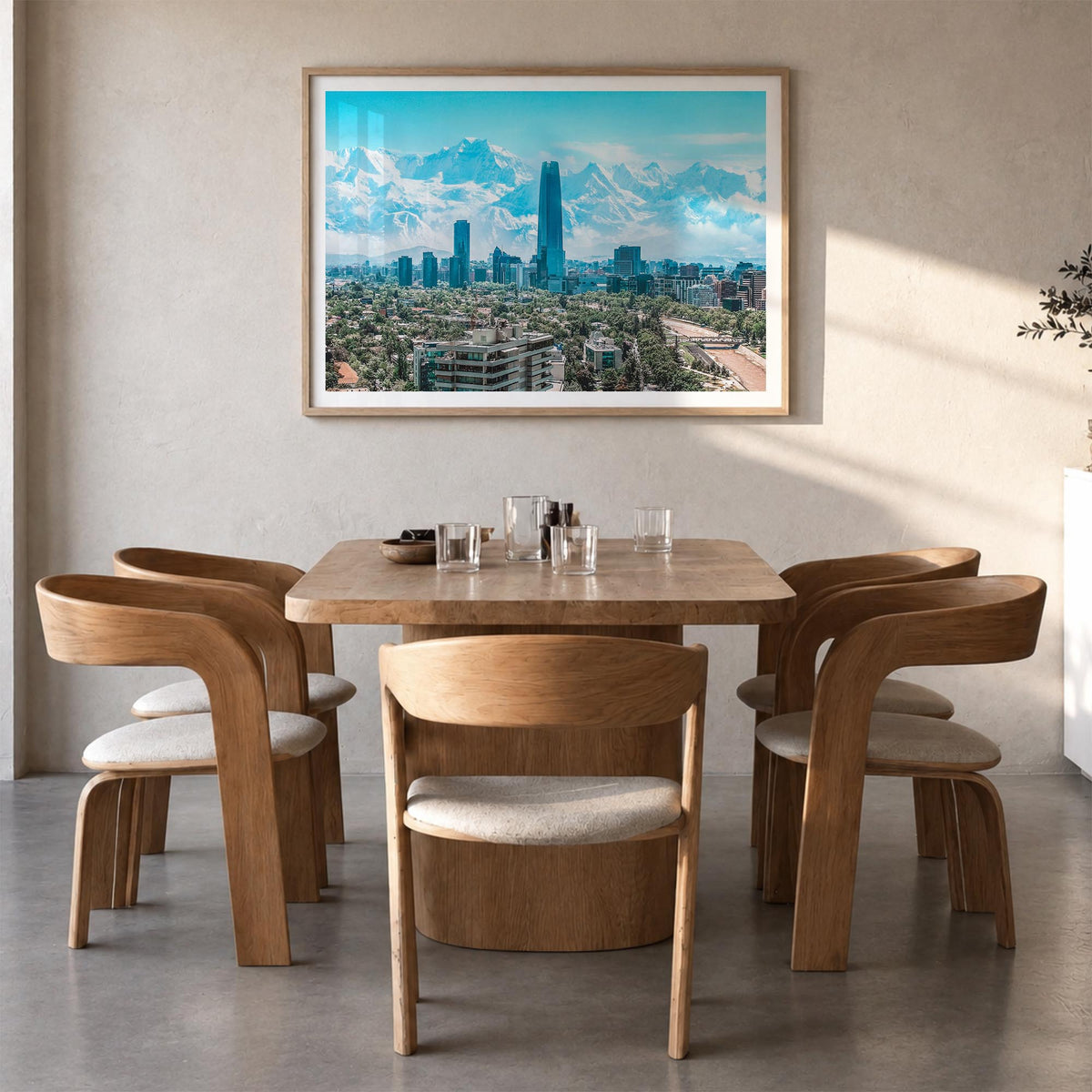 Chile colorful photo poster of South America – horizontal wall art in natural wood frame with white border, hanging on wall