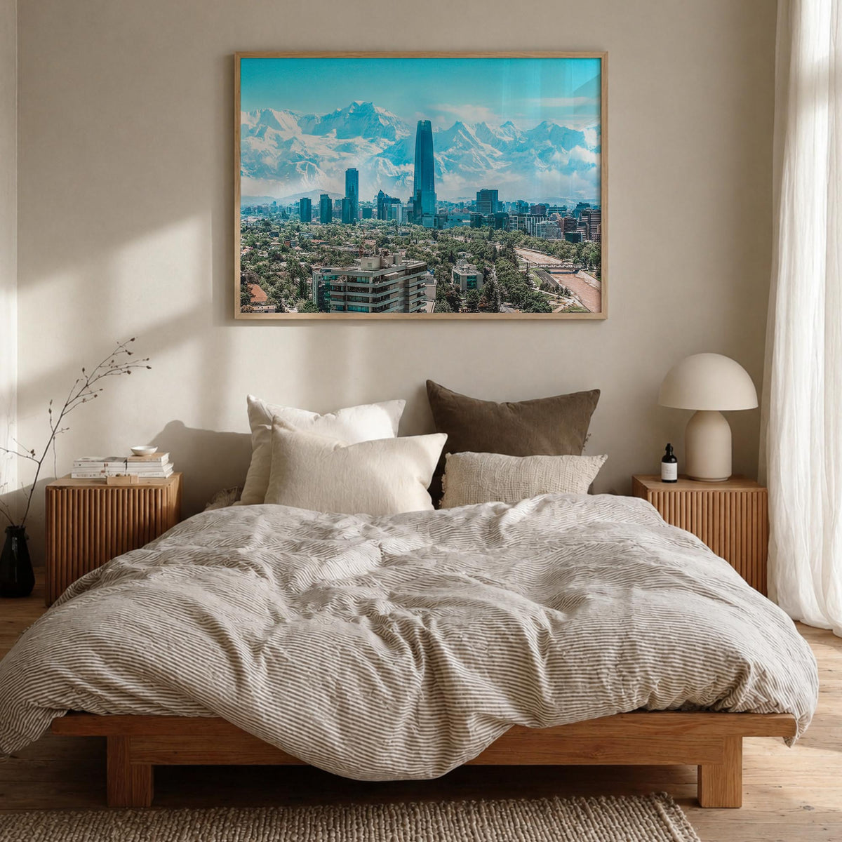 Chile colorful photo poster of South America – horizontal wall art in natural wood frame, hanging on wall