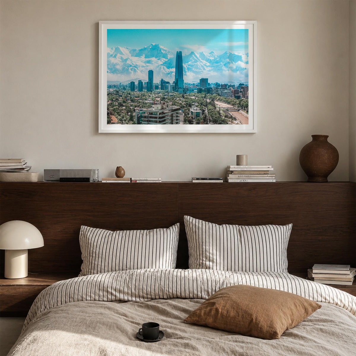 Chile colorful photo poster of South America – horizontal wall art in white wood frame with white border, hanging on wall