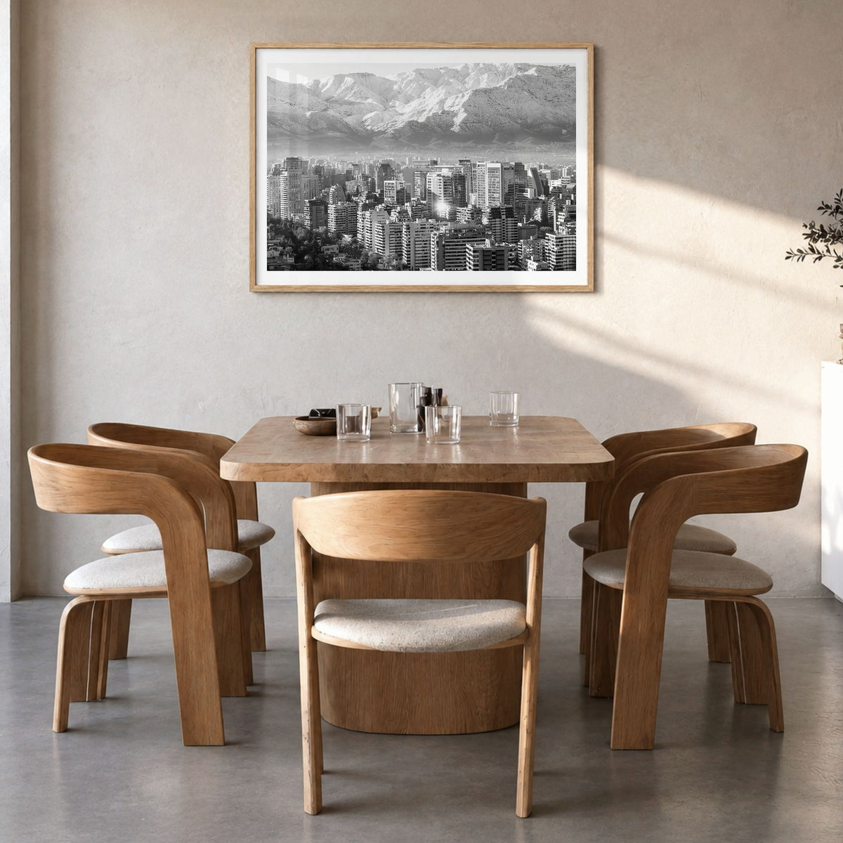 Chile Photo Poster in a natural wood frame, hanging in a dining room, white border