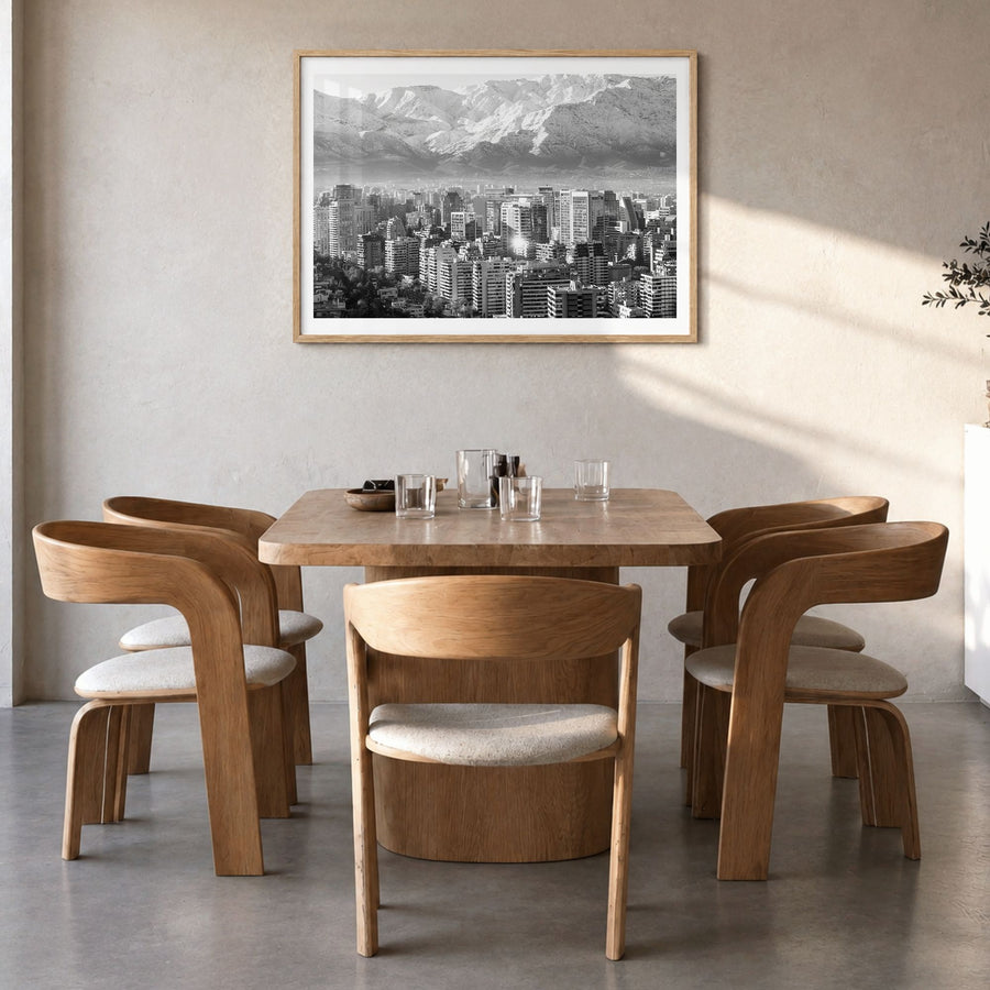 Chile Photo Poster in a natural wood frame, hanging in a dining room, white border