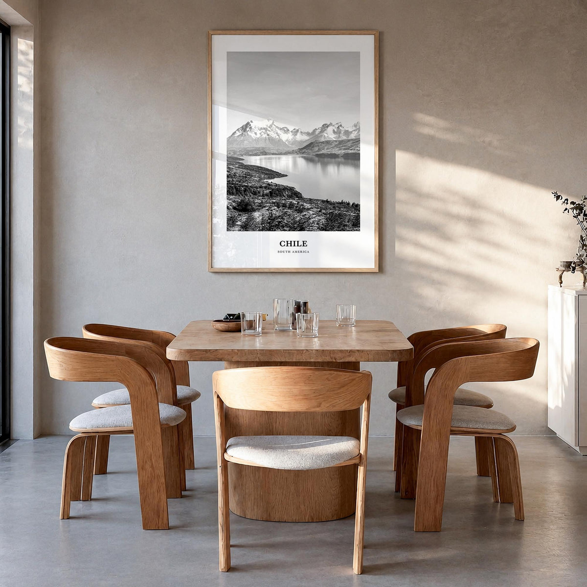 Chile no. 1 black & white classic poster of South America – vertical wall art in natural wood frame, hanging on wall